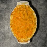 Four cheese mac and cheese served as part of complete Thanksgiving dinner with turkey and side dishes