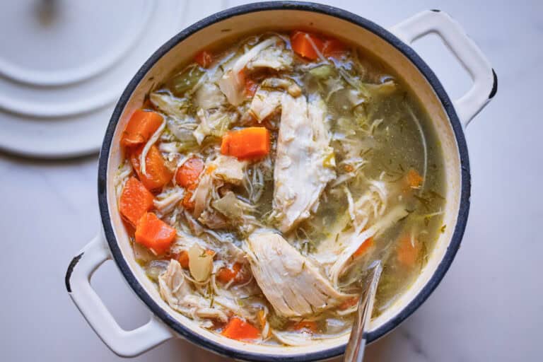 Bowl of homemade chicken noodle soup with shredded chicken, egg noodles, and fresh dill in golden broth