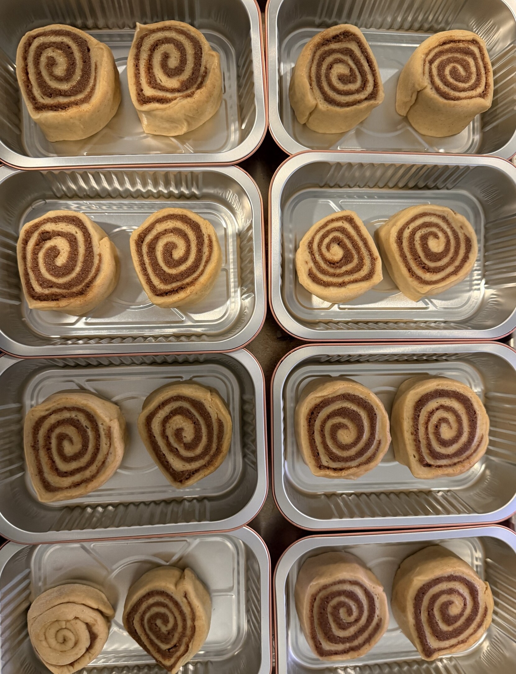 Unbaked cinnamon rolls arranged in clear plastic containers, showing spiral swirls of cinnamon filling in soft dough, ready for baking